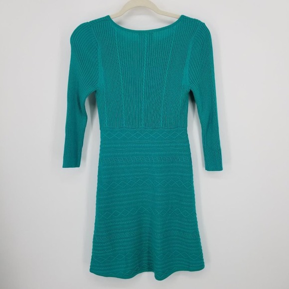 Julie Brown Cable Knit Sweater Dress - Mini Teal Green A Line Flare 3/4 Sleeves - Picture 2 of 7